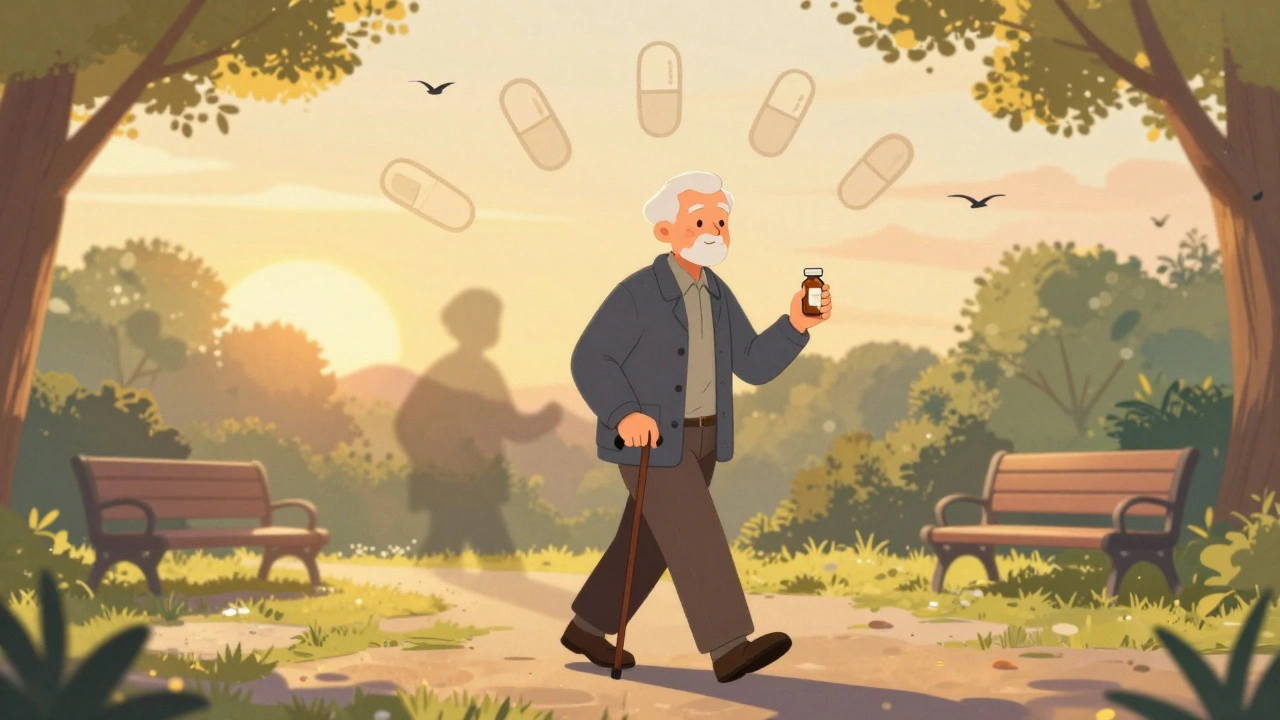 An older man walks in a park holding one pill bottle, his shadow showing the pills he no longer takes.