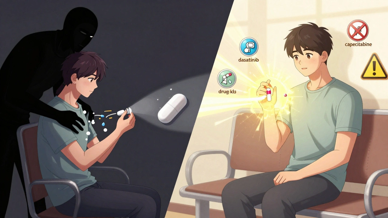 Contrast between dangerous drug interaction and safe timing with chemo medication.