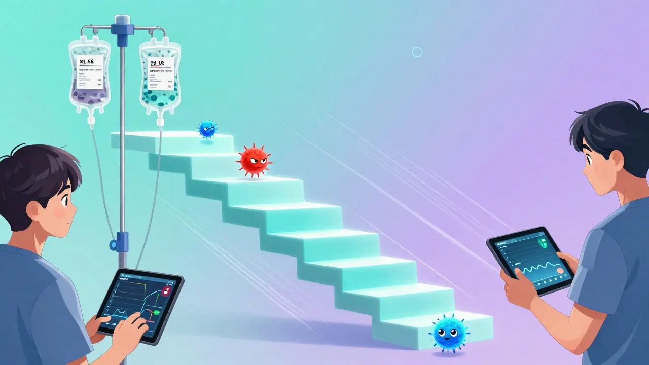 Desensitization protocol shown as glowing stairs with calming immune cells and IV bags