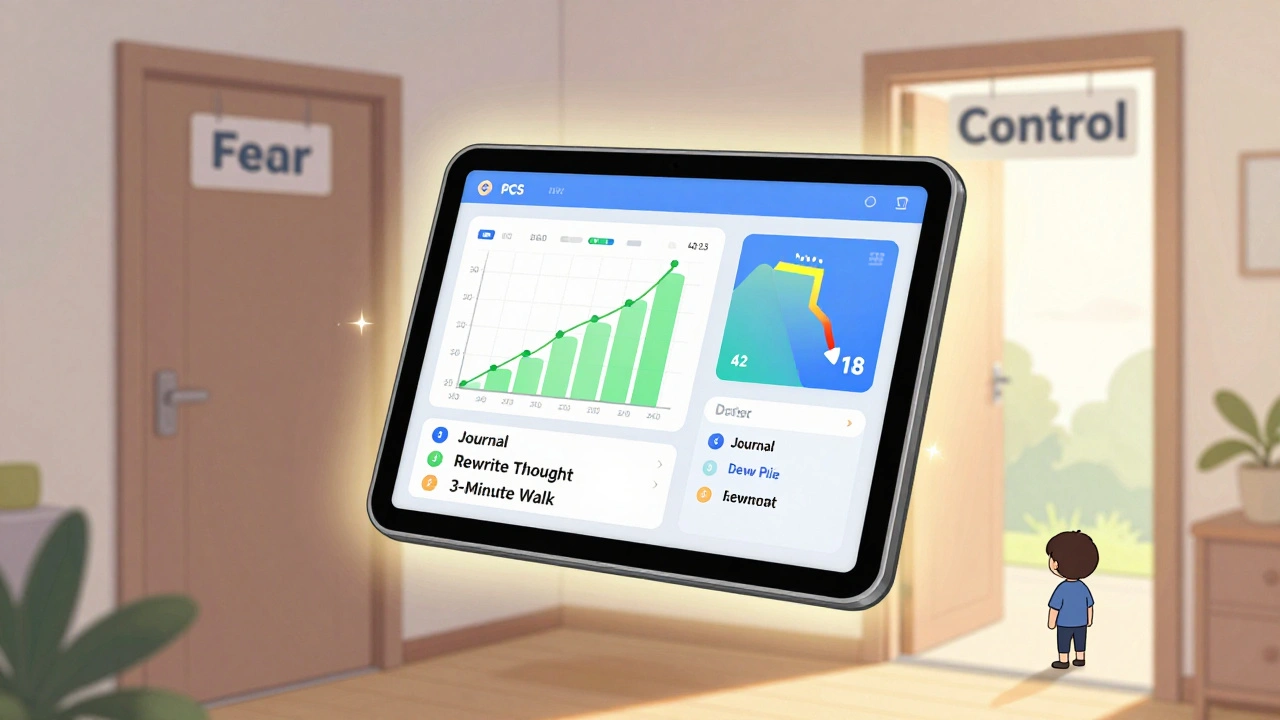 Digital pain dashboard showing score drop and daily CBT tasks with glowing progress