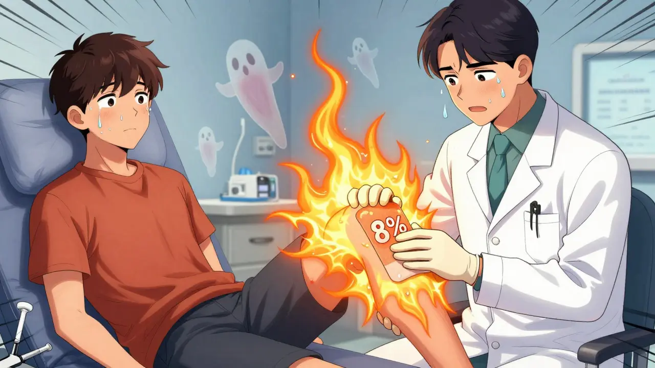 Doctor applying a capsaicin patch as golden burning energy radiates from the skin.