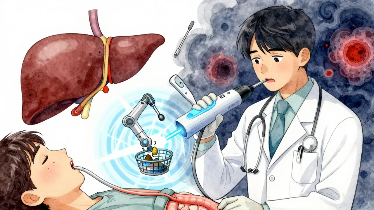 Doctor performing ERCP with a glowing endoscope extracting a stone from a bile duct.