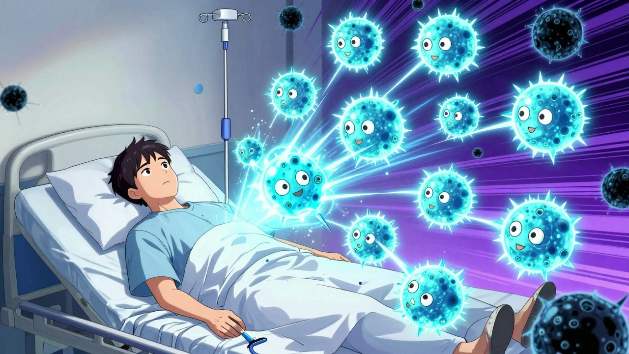 Engineered T-cells as warrior figures attacking lymphoma cells inside a patient&#039;s bloodstream, vibrant and dynamic.