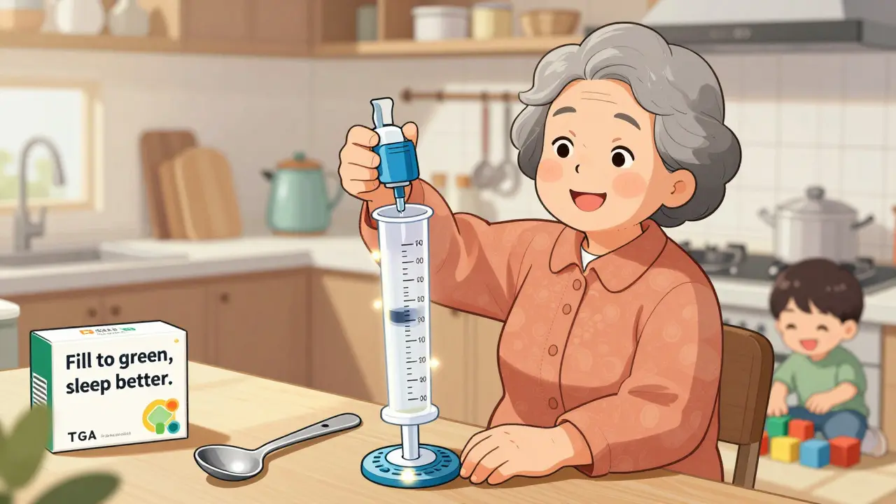 Grandmother measuring liquid medication with a tall dosing cup and built-in syringe cap.