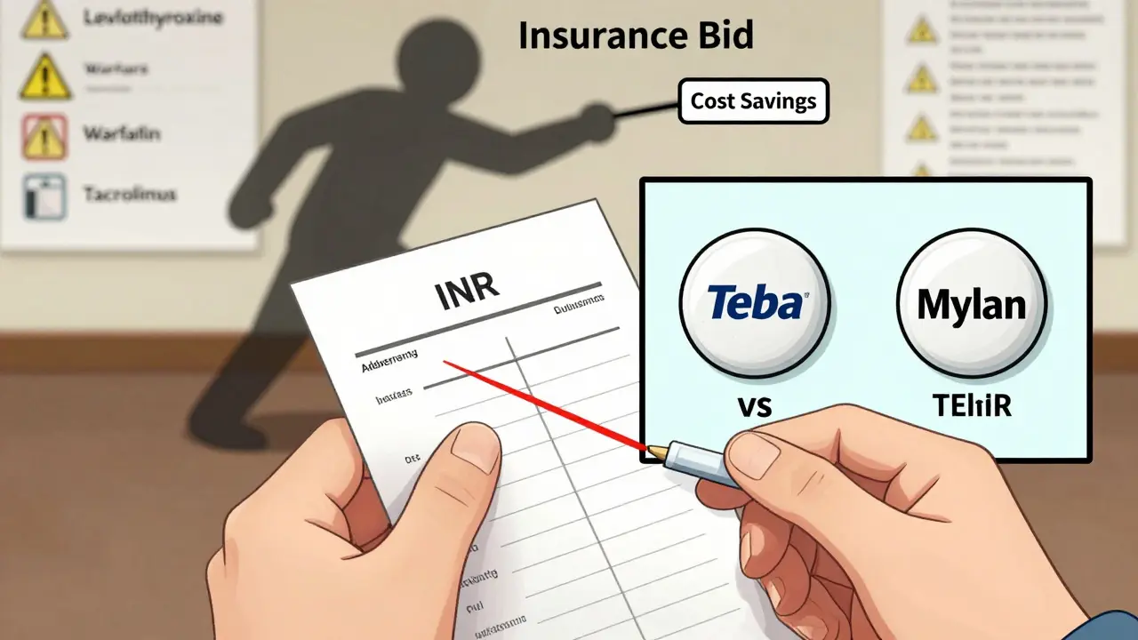 Hand holding blood test result with high INR levels, two generic pill brands visible in split-screen, shadowy insurance lever.