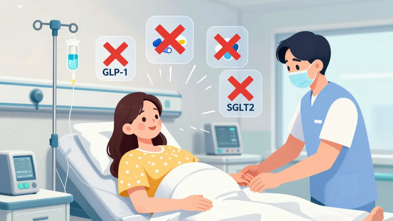 Labor room with IV insulin and banned diabetes meds marked with X icons.