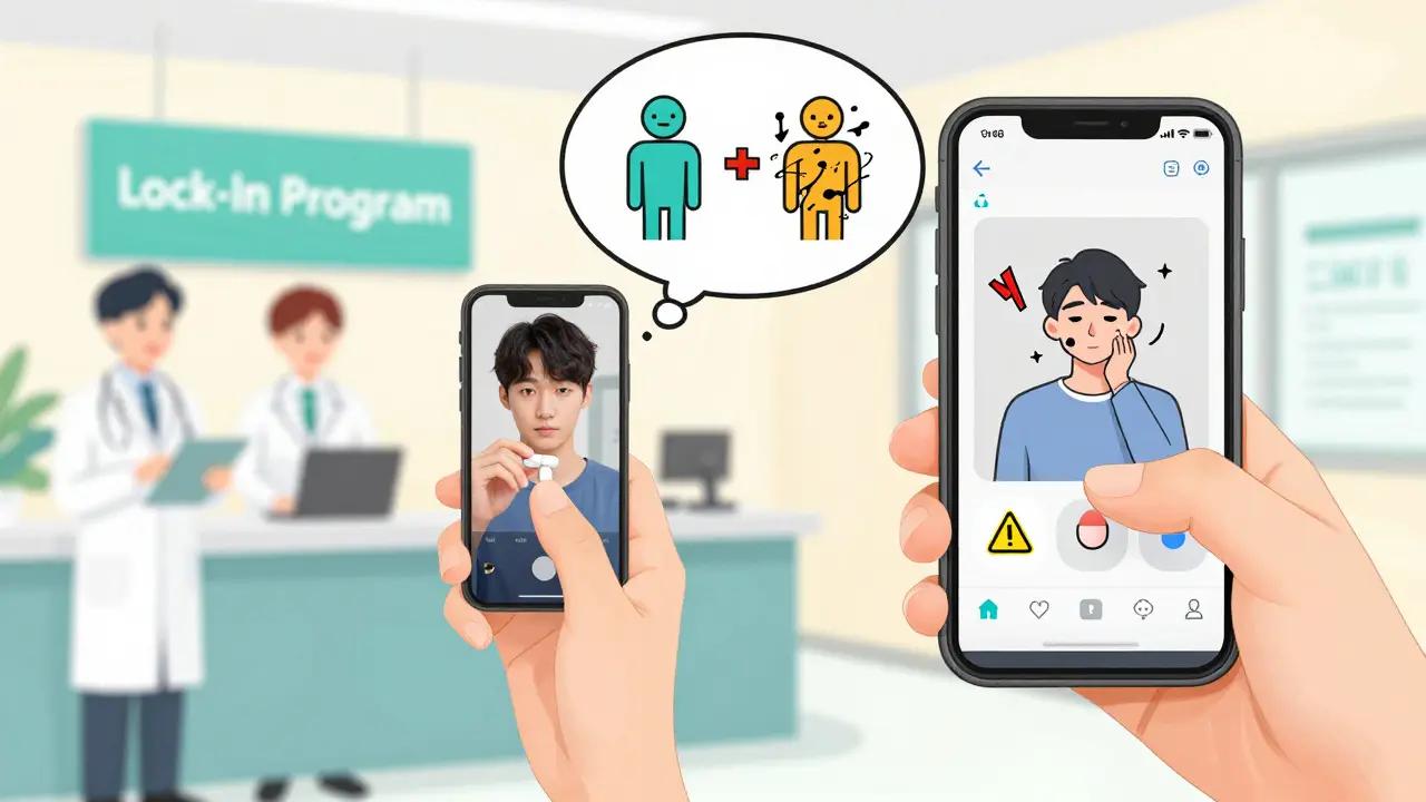 Patient comparing pill photos on phone, thought bubbles show stable vs. chaotic health, doctor and pharmacist supporting.