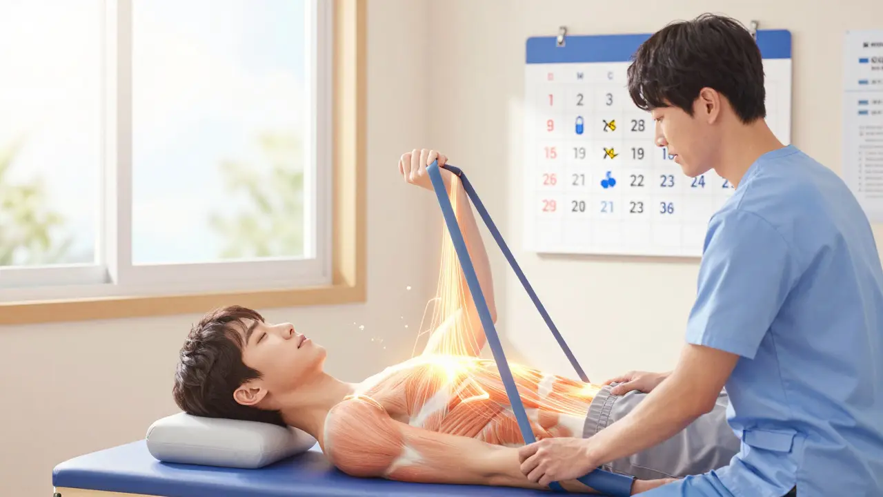 Patient doing gentle physical therapy with glowing muscle regeneration, supervised by a therapist in a sunlit room.