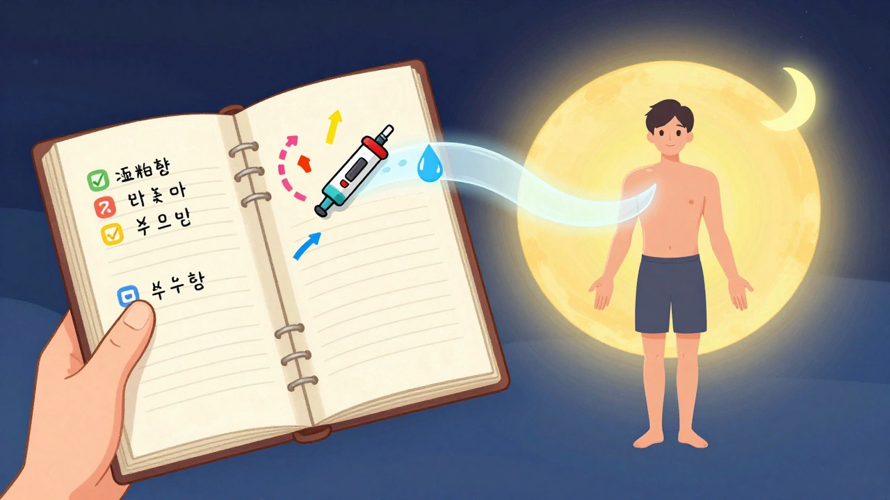 Person logging diabetes management with icons of insulin, water, and dawn phenomenon, transitioning to a calm sunrise.