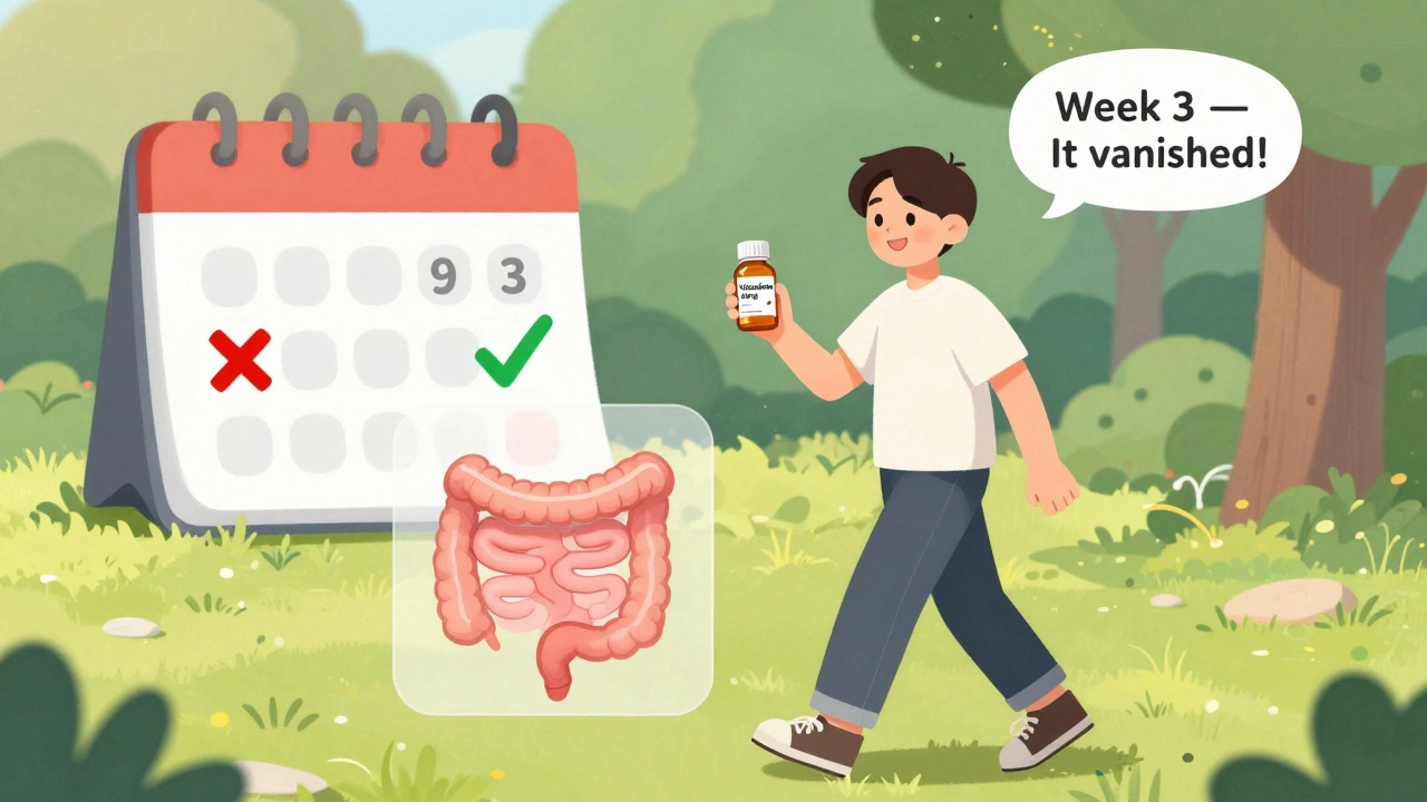 Person walking confidently in park with vilazodone bottle, gut calming down, calendar showing week 3 progress