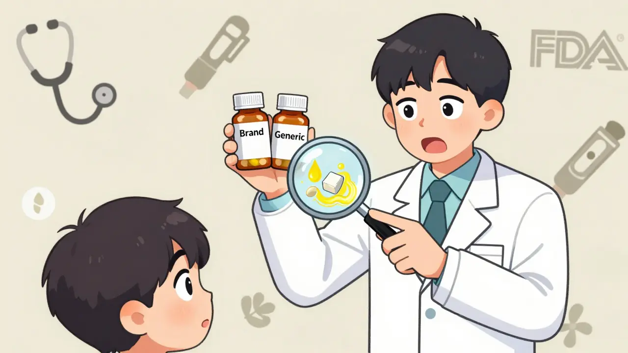 Pharmacist revealing hidden allergens inside a generic pill bottle using a magnifying glass, patient looking shocked.