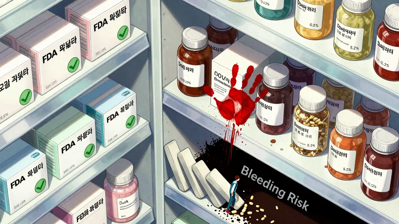 Pharmacy shelf with safe meds on one side, dangerous Danshen products on the other, red handprint