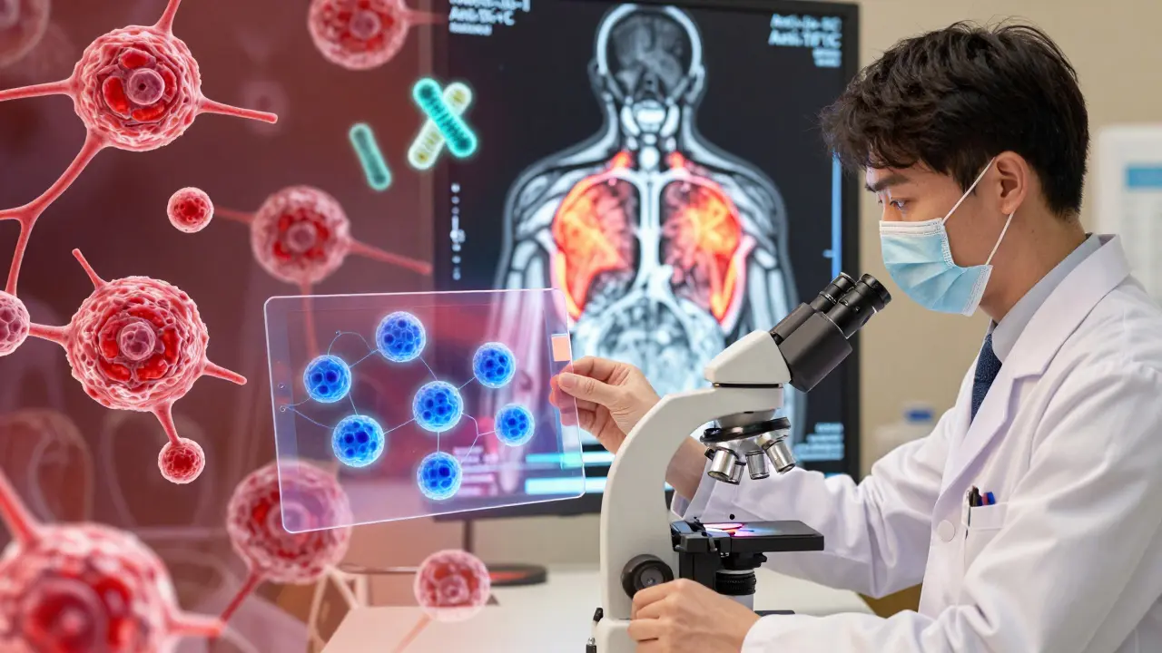 Rheumatologist examining a microscope slide with glowing immune cells, contrasting polymyositis and dermatomyositis patterns.