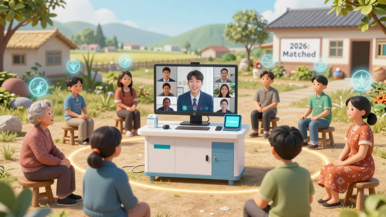 Rural patients connected to a telepharmacy hub with glowing AI predictions and a '2026 Safety Matched' sign.
