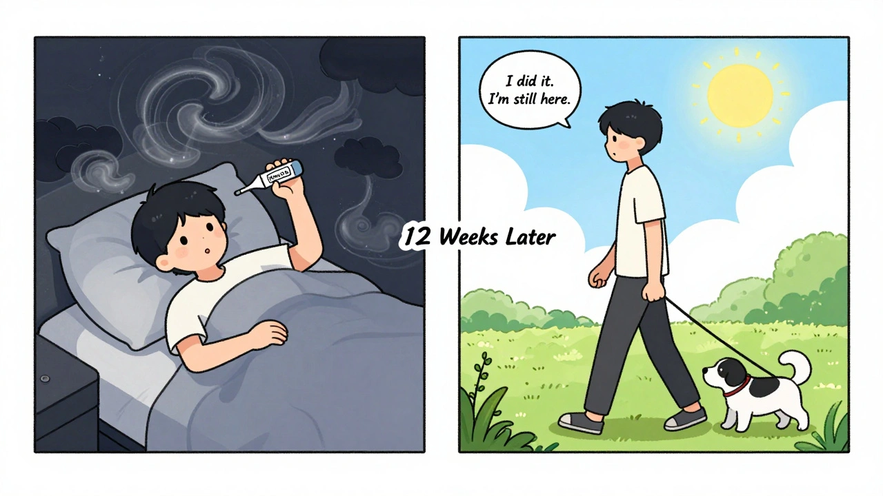 Same person before and after CBT: one in dark bed, one walking a dog under sunlight