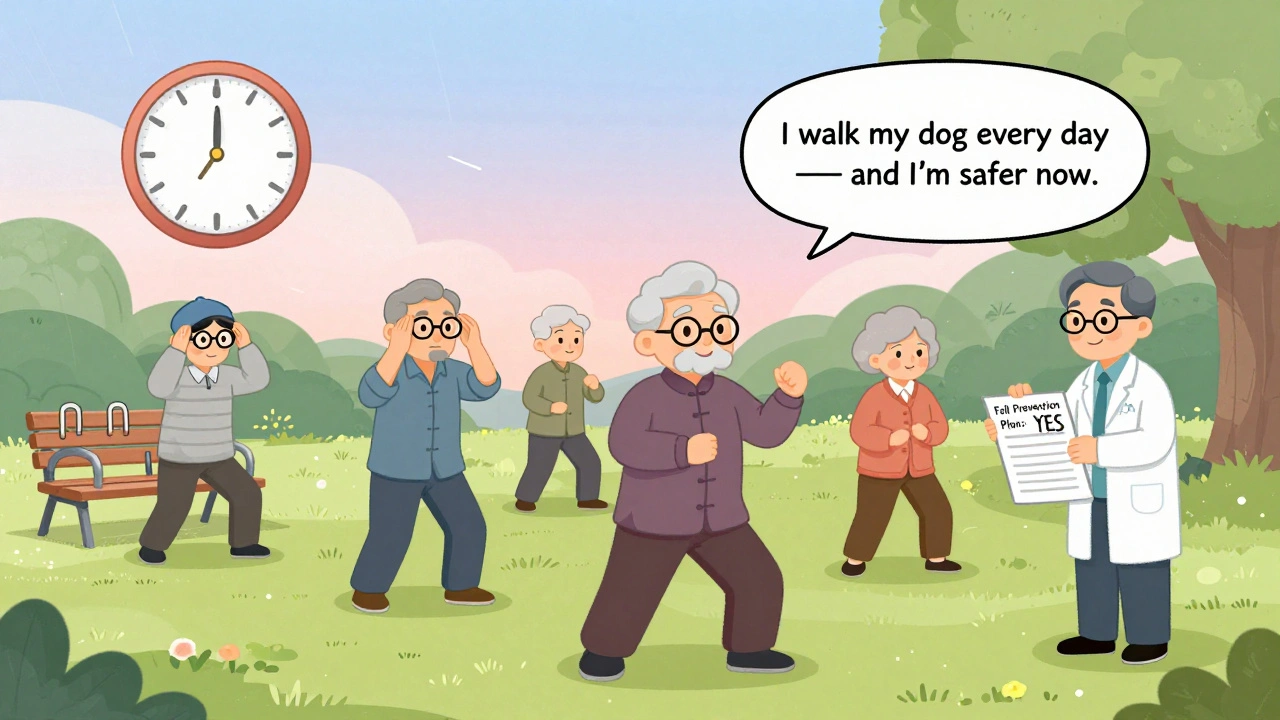 Senior doing tai chi in park with visual cues for fall prevention and balance improvement.