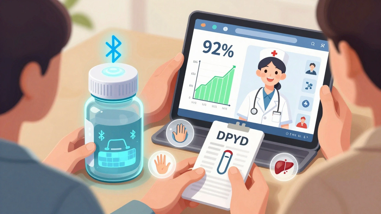 Smart pill bottle syncing with doctor&#039;s app while patient monitors treatment progress.