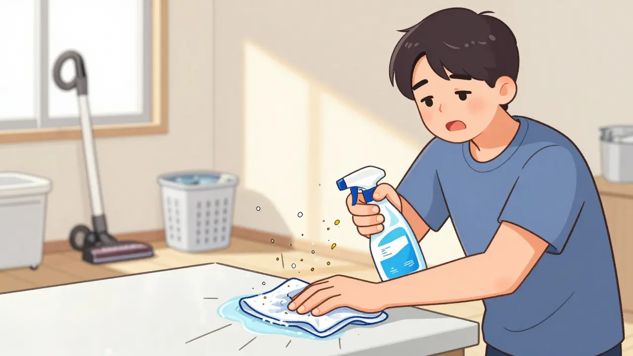 Someone cleaning a counter with two damp cloths, trapping airborne allergens with the two-cloth method.