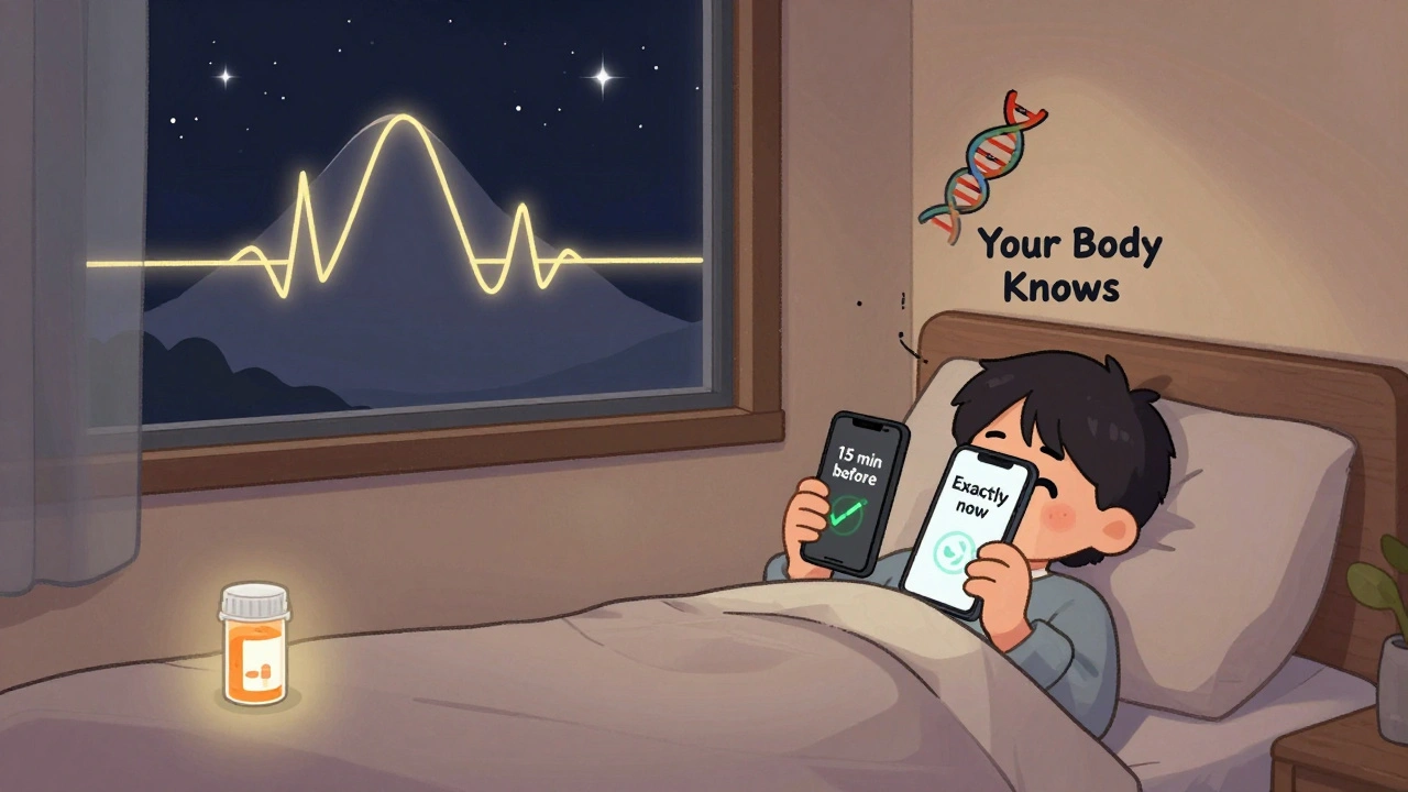 Someone setting phone alarms for meds at night, with a DNA helix and circadian graph above.