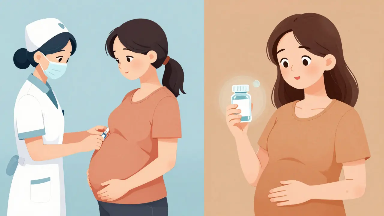 Split scene: insulin injection vs. metformin pill with placental glow symbolism.