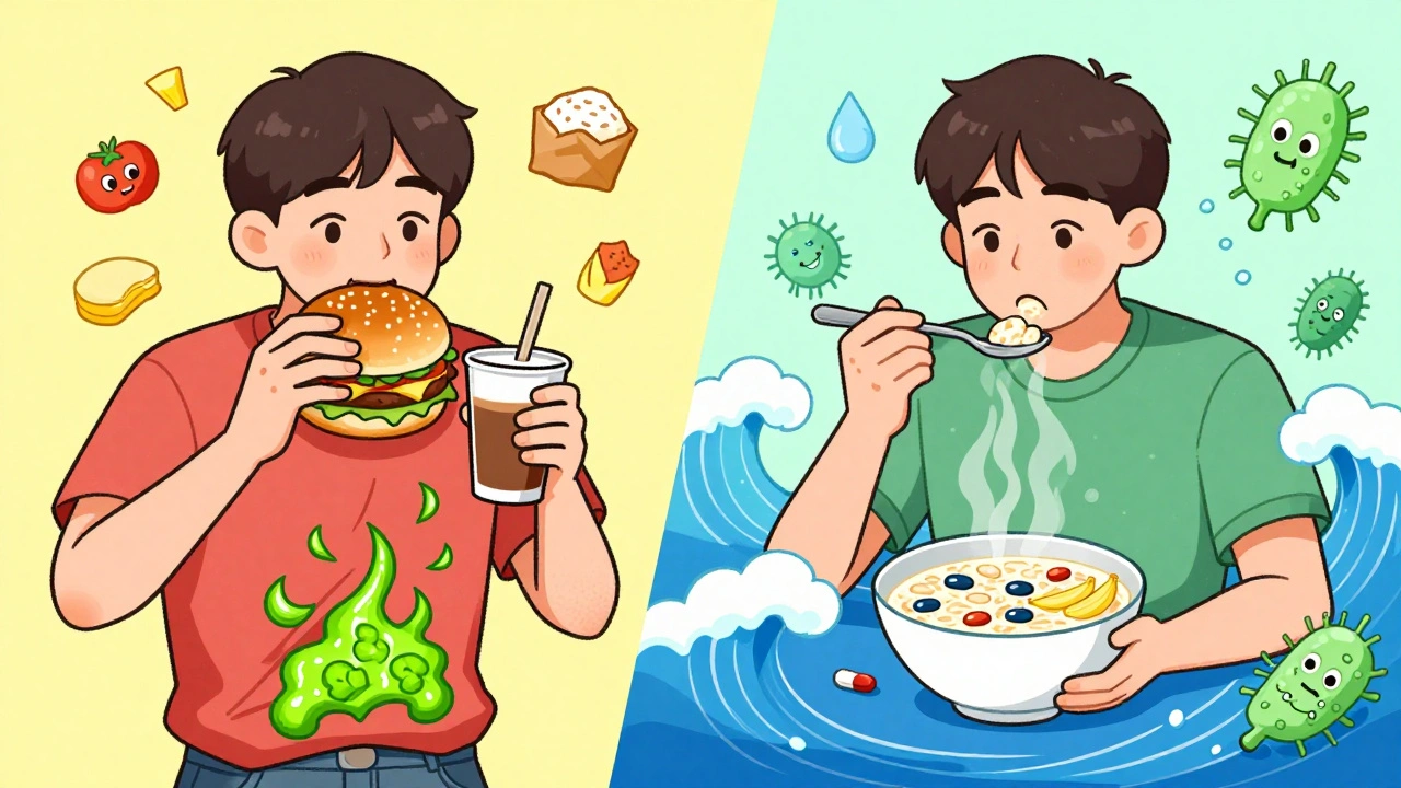 Split scene: person eating greasy food with diarrhea symbols vs. healthy meal with probiotics and calm gut
