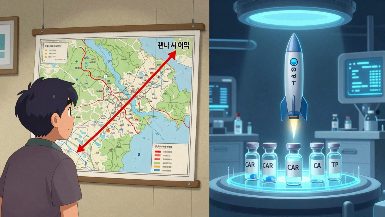 Split scene: rural patient facing long travel to treatment vs. fast lab production of off-the-shelf CAR T-cells.