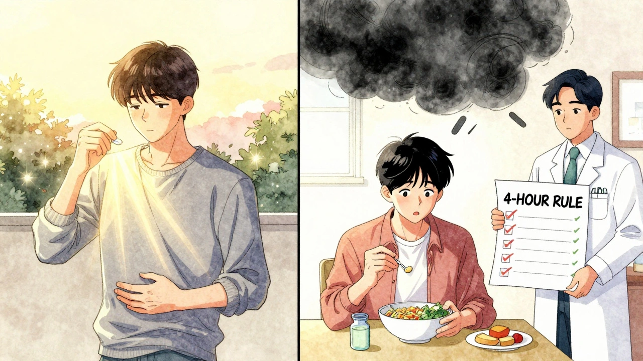 Split scene: thyroid medication absorbed at sunrise vs. calcium blocking it at lunch, with pharmacist holding a timing checklist.