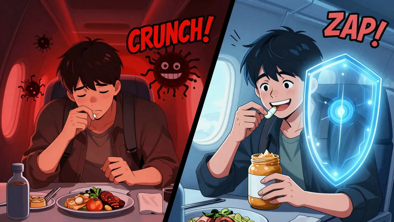 Split scene: traveler skipping food with malaria threat vs. eating peanut butter with protective shield