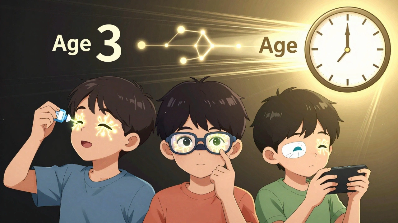 Three children using different amblyopia treatments, with glowing neural connections strengthening over time.