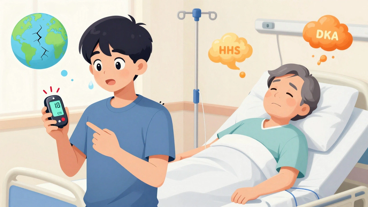 Two patients: one with CGM alert, another in hospital bed, showing DKA and HHS differences with dehydration and ketone symbols.