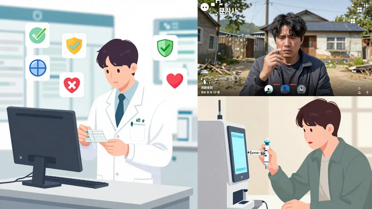 Two pharmacists verify prescriptions remotely, with safety icons and a frozen video call in a rural home.