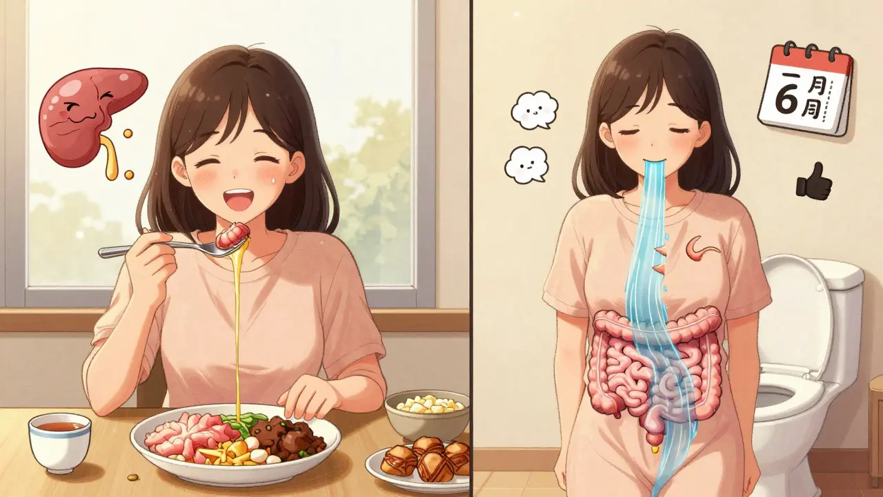 Woman after gallbladder removal, bile flowing freely with calendar showing recovery progress.