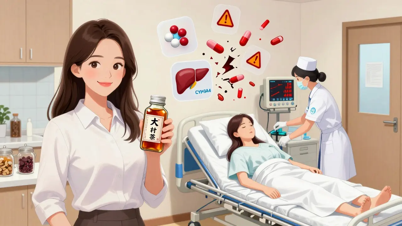 Woman holding Danshen tea, split with hospital scene showing dangerous drug interaction