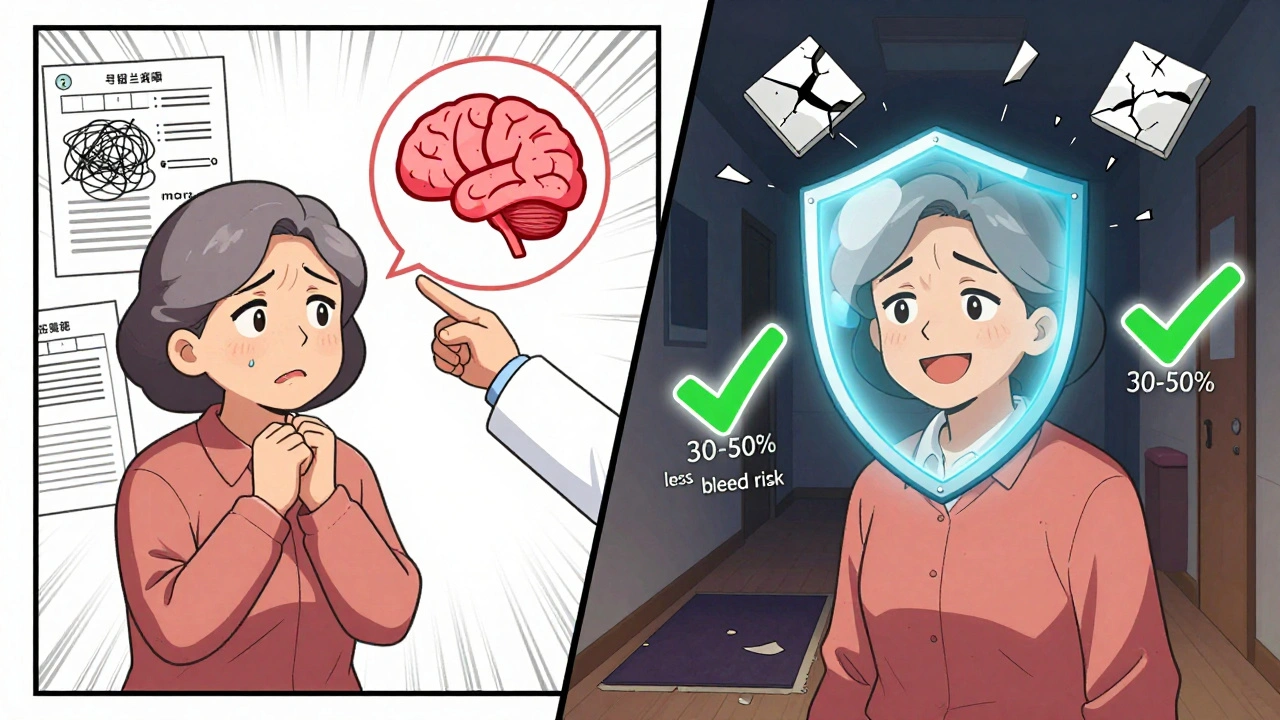 Woman on blood thinner with protective shield against fall hazards, contrasting warfarin risks.