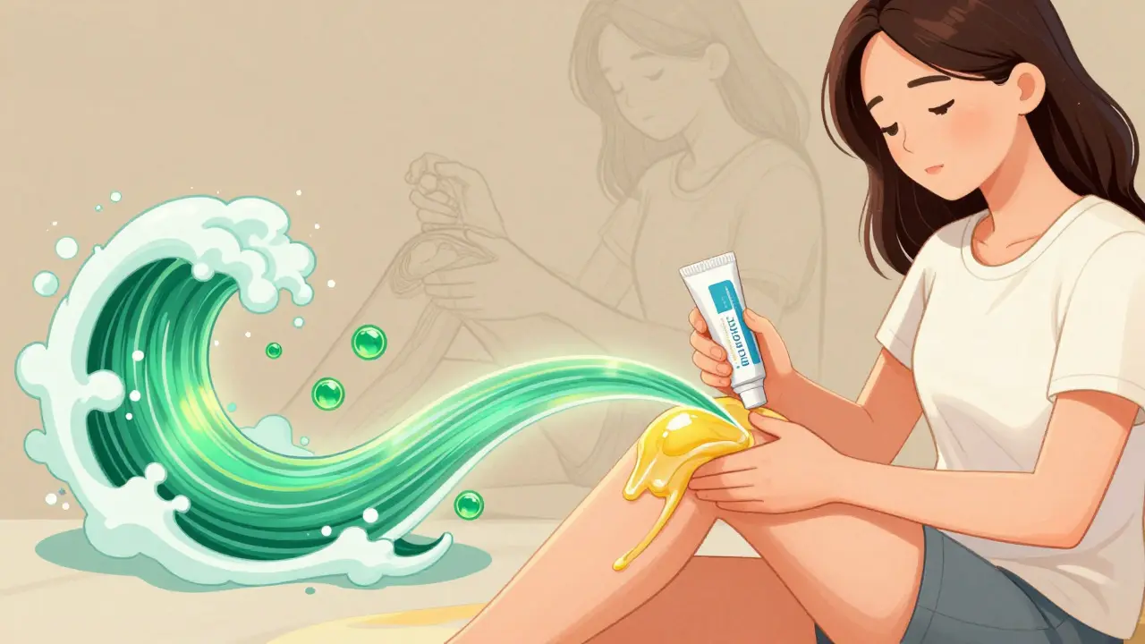 Woman rubbing diclofenac gel into her knee with anti-inflammatory waves spreading.