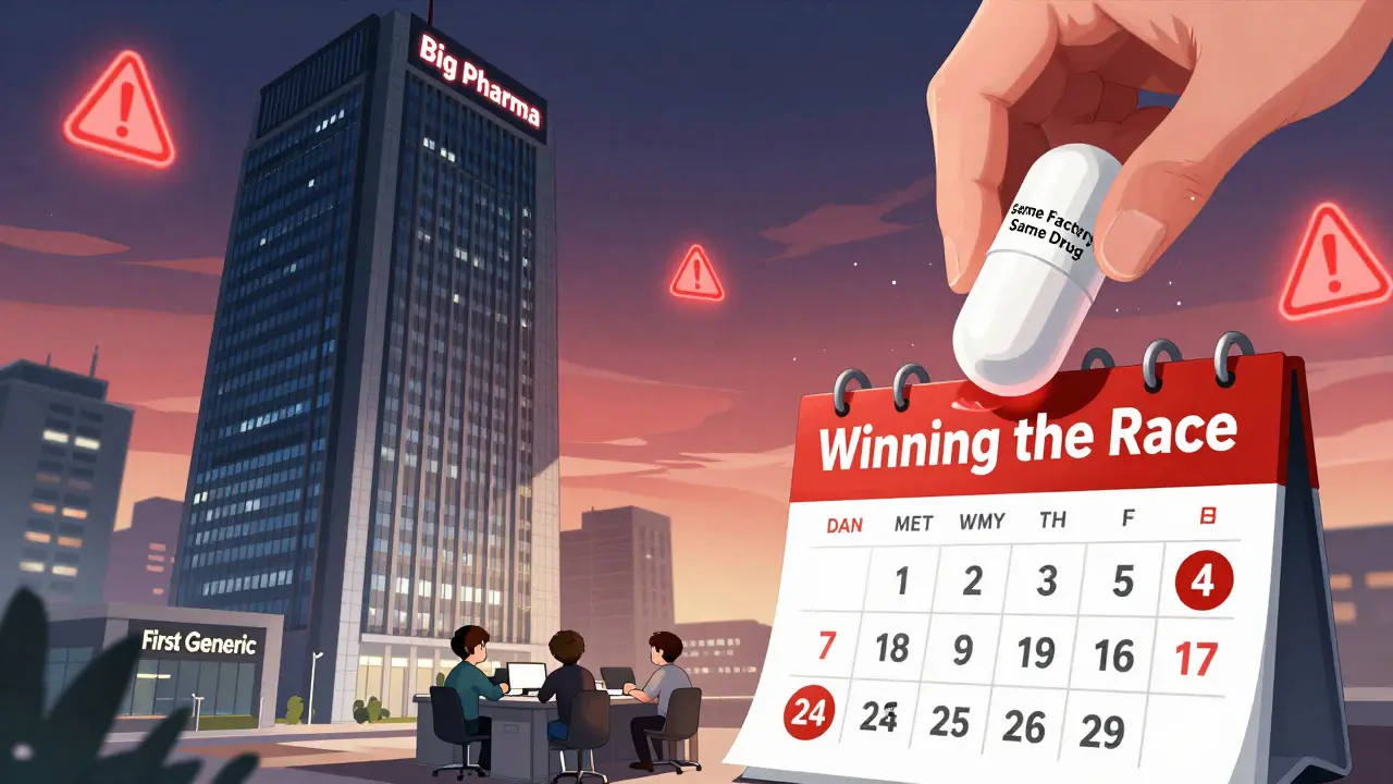 A big pharma skyscraper casting a shadow over a small generic company as a fake generic pill crushes their banner.