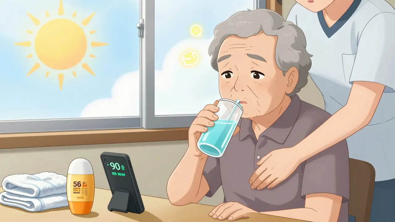 A caregiver helping a senior drink electrolyte fluid with phone alarms reminding them to hydrate.