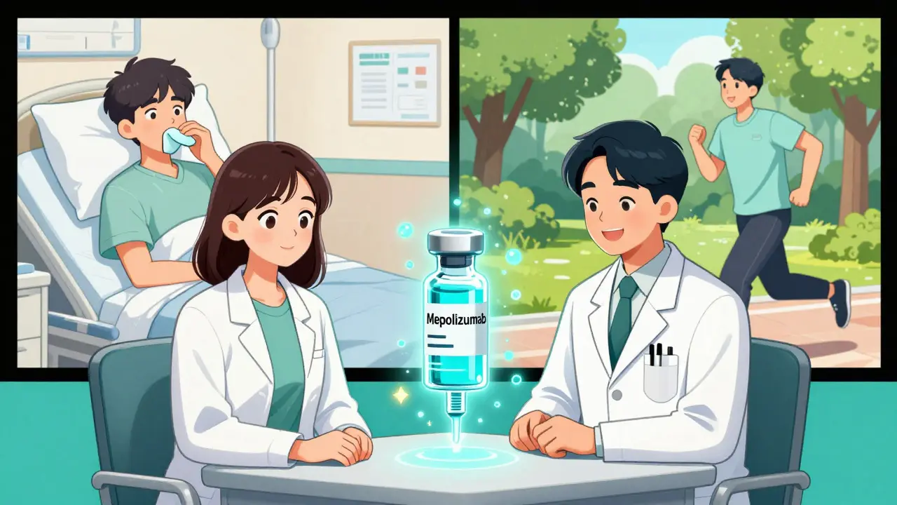 A doctor and patient face a glowing biologic injection, with contrasting images of illness and health behind them.