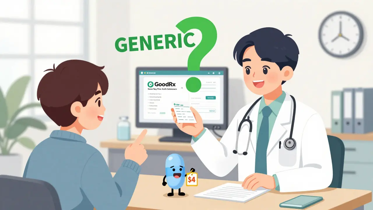 A doctor hands a prescription to a patient who points to a smiling generic pill with a  price tag, while a brand-name drug frowns in the background.