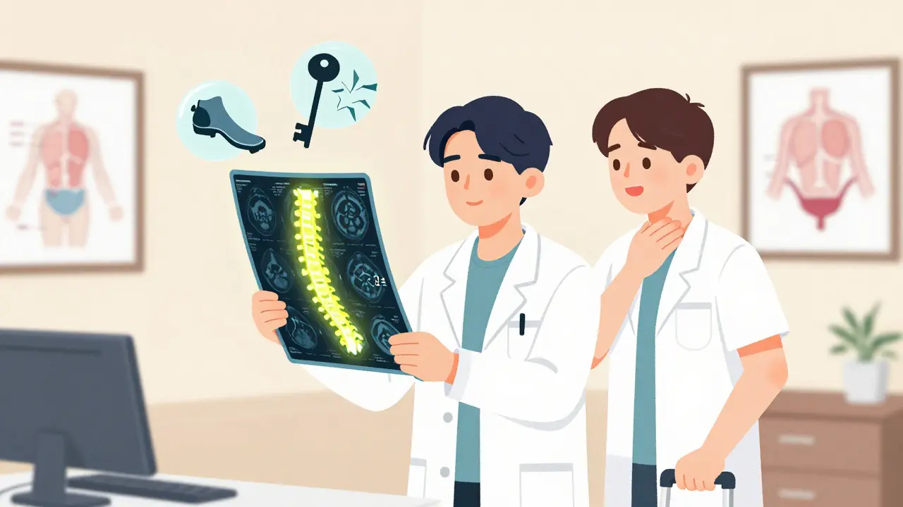 A doctor shows an MRI with glowing spinal cord damage to a patient holding a cane, with symbolic icons of falling objects nearby.