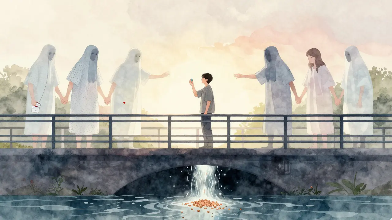 A figure on a bridge with ghostly past selves reaching out, surrounded by fentanyl grains flowing into darkness.