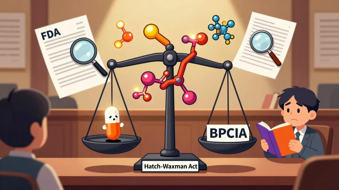 A generic pill and a complex protein molecule compete on a scale under FDA laws in a cartoon courtroom.