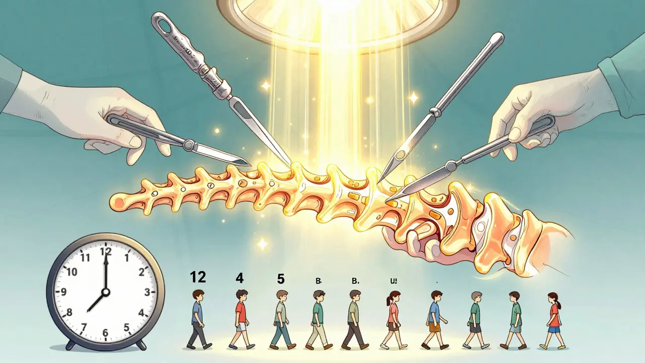 A glowing spinal cord being freed by floating surgical tools, with a backward-ticking clock and recovering figures in the background.