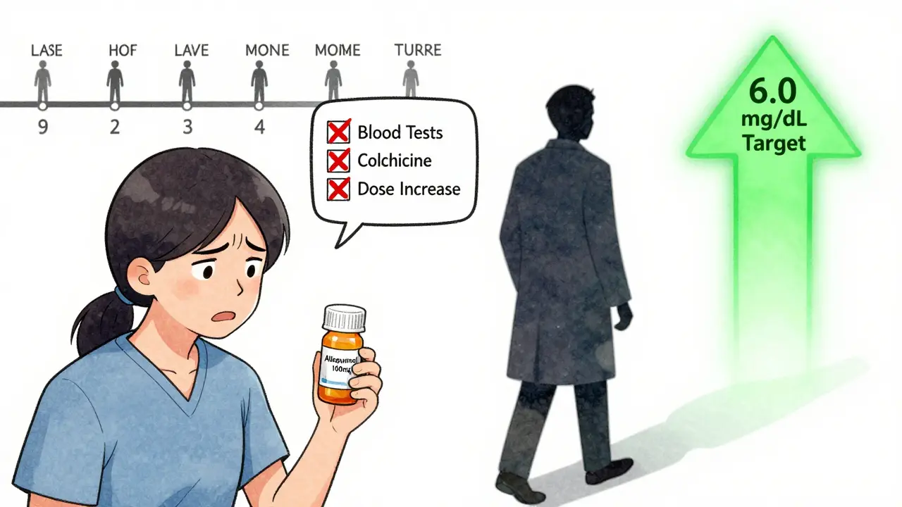 A patient holding a low-dose gout pill while a doctor walks away, with a timeline of worsening flares in Korean webtoon style.