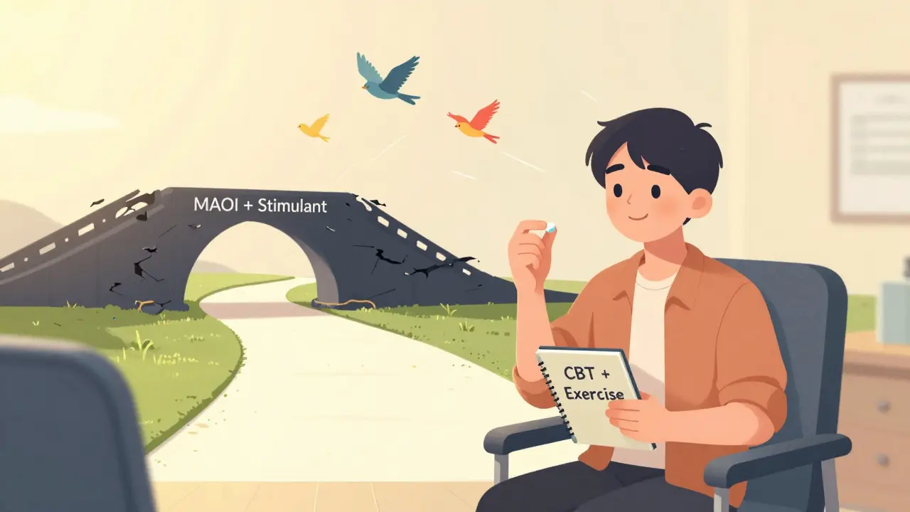 A person in therapy holding safe medications and a wellness notebook, walking away from a crumbling dangerous bridge.