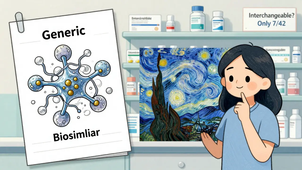 A photocopied page and a hand-painted protein portrait compare generics versus biosimilars in a pharmacy setting.