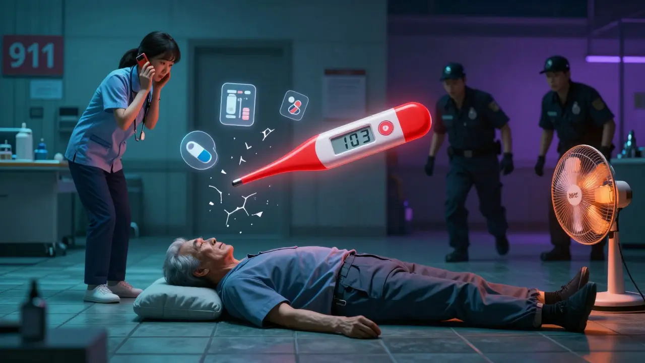 A senior in medical emergency with glowing thermometer showing heat stroke as medications shatter around them.