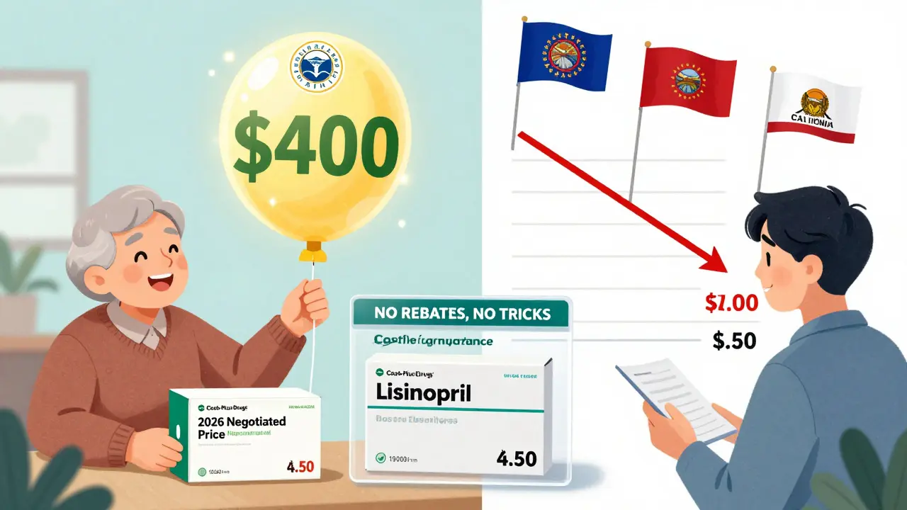 An elderly Medicare user celebrates 0 savings on medication, while a younger person watches prices drop toward Medicare rates, with a transparent pharmacy in the center.