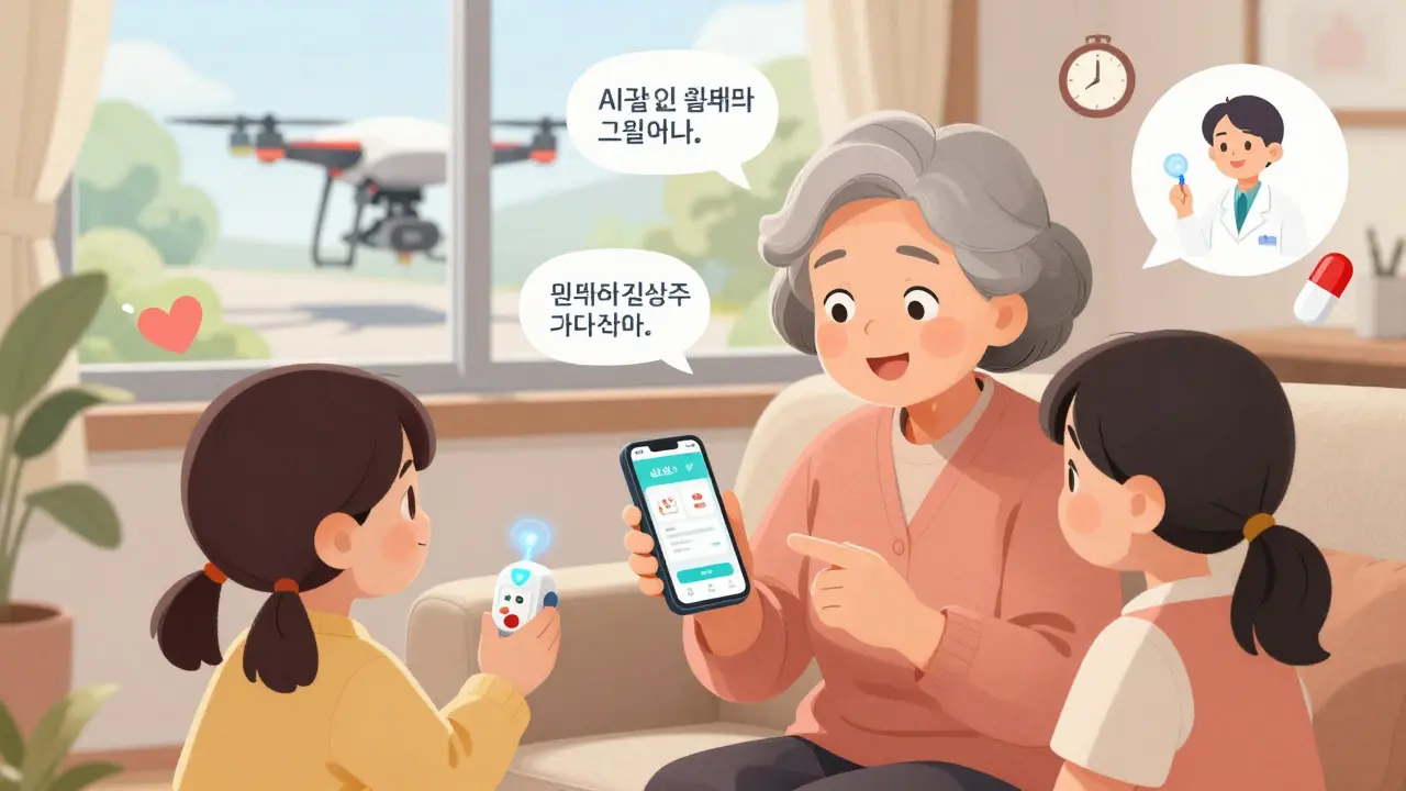 An elderly woman uses a smart pill dispenser with her granddaughter helping via phone, while a drone lands outside.