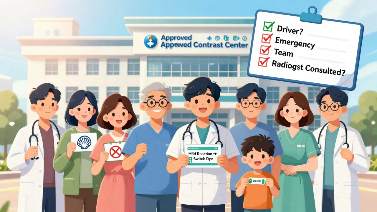 Diverse patients holding personalized safety cards in front of hospital, with floating checklist and crossed-out shellfish symbol.